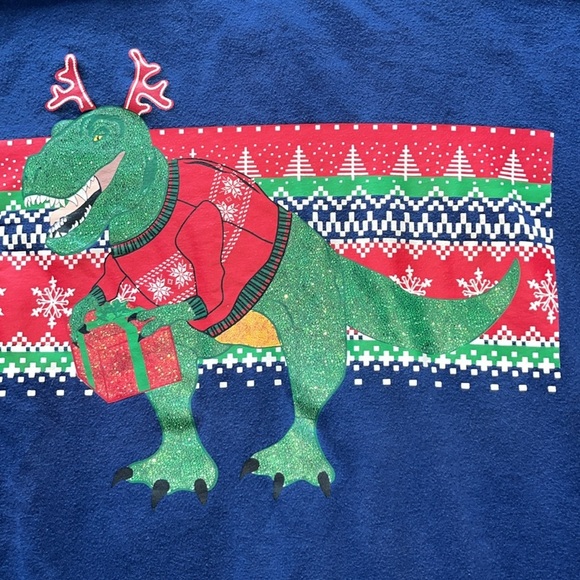 Holiday Ugly Sweater Blue Dinosaur Christmas Sweatshirt XL Crew neck Pullover - Picture 2 of 7